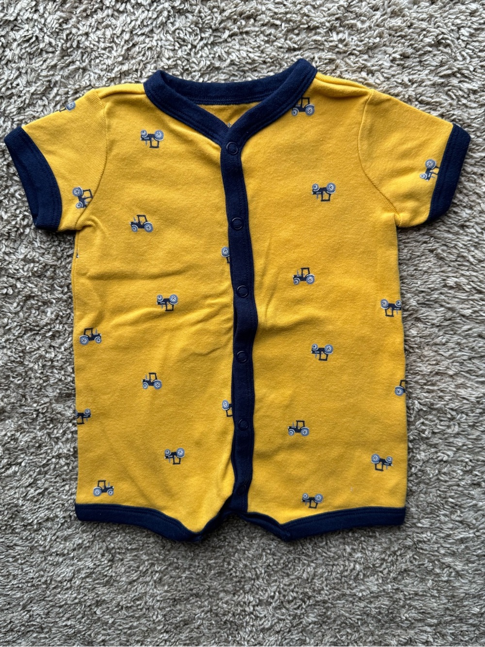 Carter’s Tractor Print Short Sleeve Snap Romper 3M Yellow & Navy Baby Boy